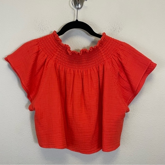 Apiece Apart Orange Off The‎ Shoulder Gauzy Smocked Crop Blouse Size 4 - Picture 4 of 8